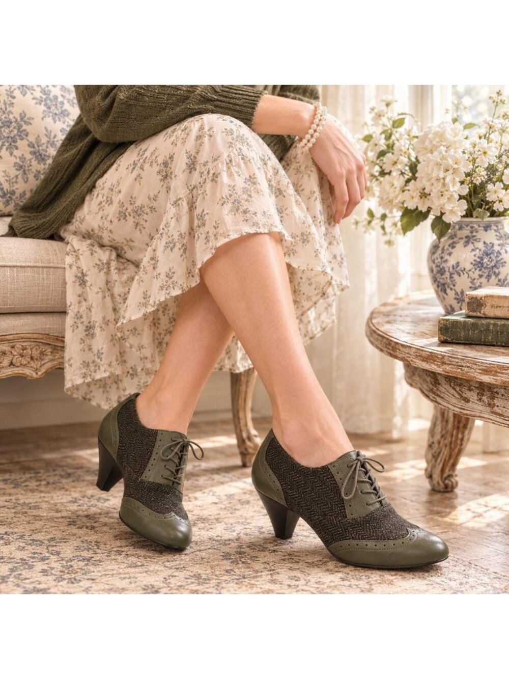 Vintage Soft Style Olive Green Tweed Oxford Heels Women’s Size 8 | Lace Up